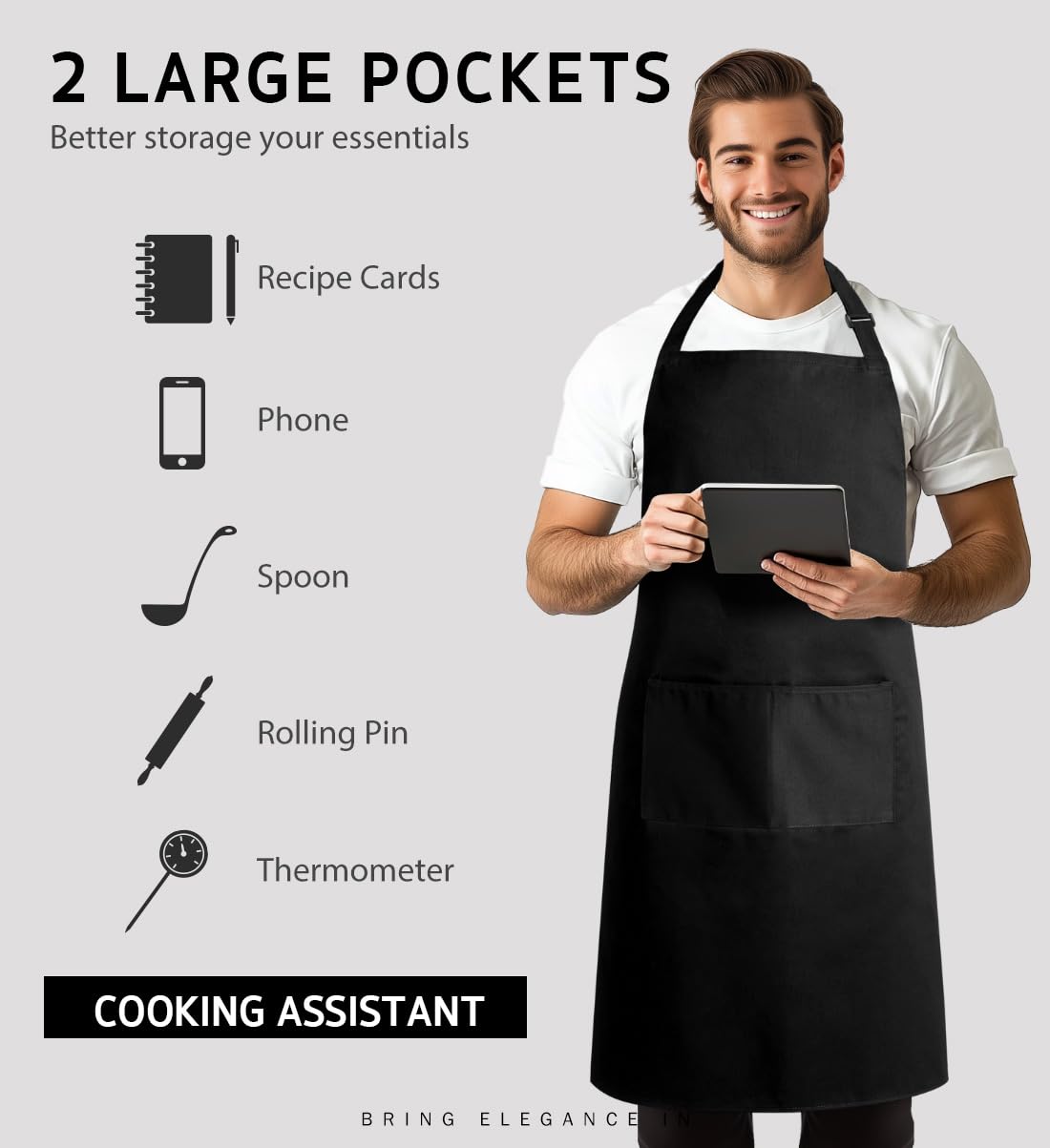 Syntus 2 Pack 100% Cotton Adjustable Bib Apron with 2 Pockets Cooking Kitchen Aprons for Women Men Chef, Black