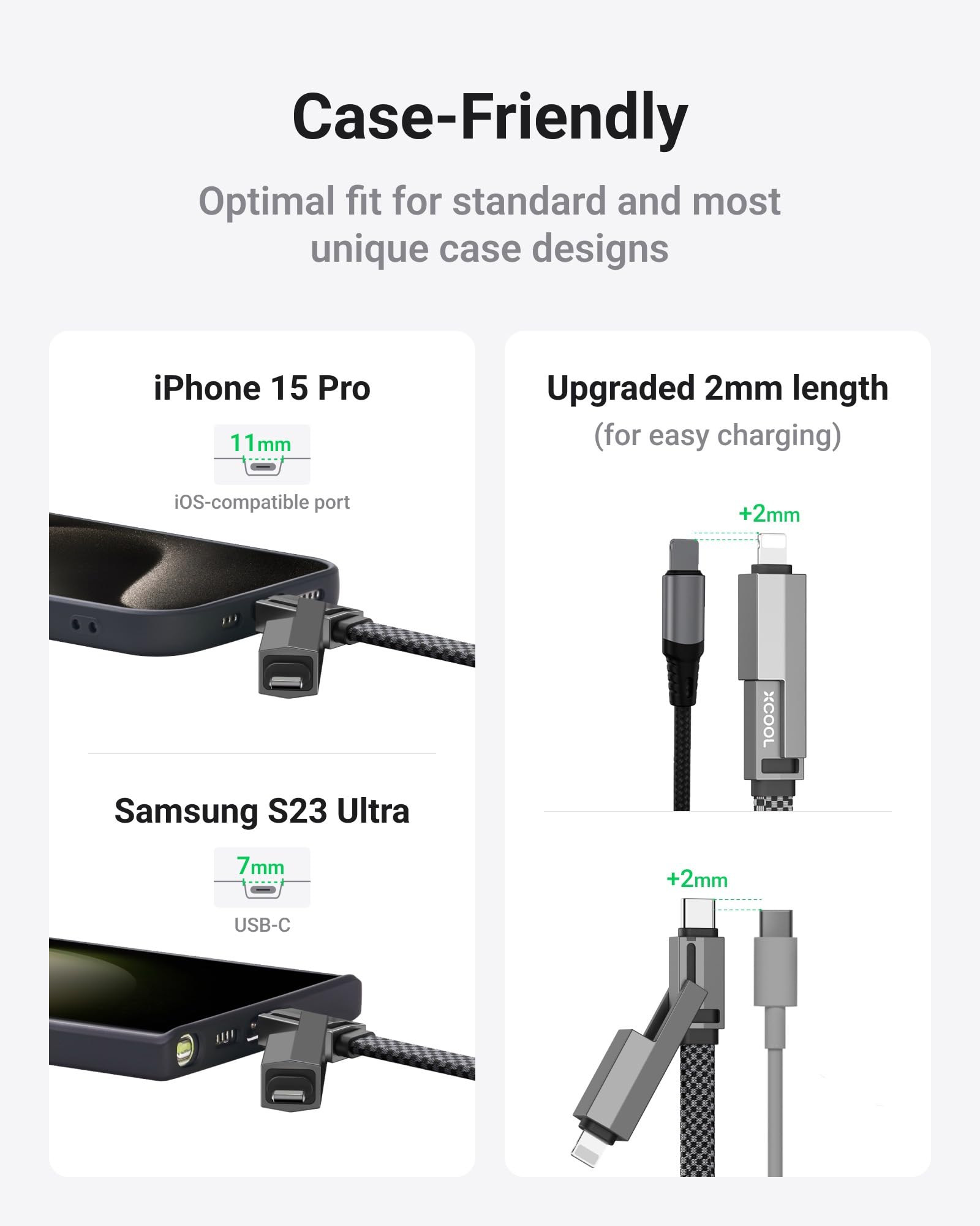 XCOOL USB C Cable, 4-in-1 USB-C Cable (6ft), 100W USB-C Charger Cable with Hook-and-Loop Fastener and Cable Management, USB-C Cable/Fast Charging for MacBook, iPad, iPhone, Samsung, Gray