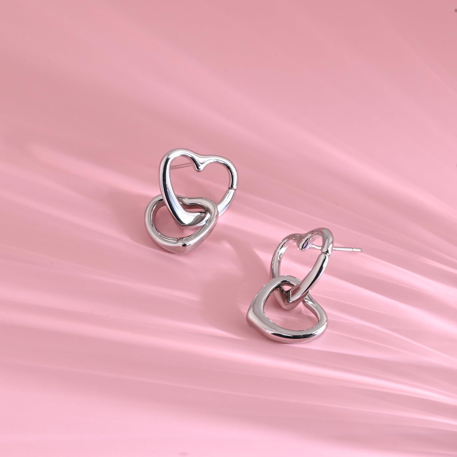 Double Heart Stud Earrings Silver Heart Dangle Earrings 925 Sterling Silver Earrings for Women Girls Handmade Heart Drop Earrings