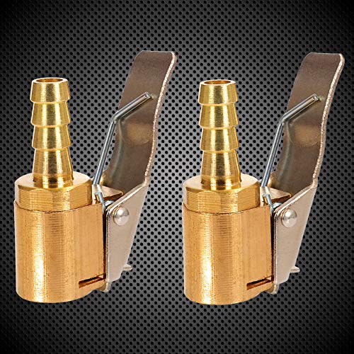 Toolwiz 2pcs Lock Inflate Locking Air Chuck with Clip, 1/4 Inch Brass Portable Lock on Tire Inflator Chuck Hose Adapter Tire Chucks Air Compressor Hose End with Barb Connector for Hose Repair