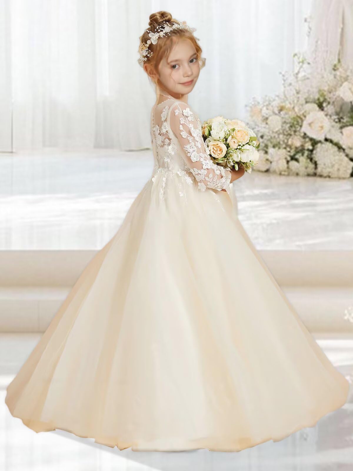 MXODI White Lace Applique Flower Girl Dresses for Wedding Party Gowns A Line Floor Length First Communion Dress with Long Sleeve Puffy Tulle Girla Wedding Dress White Size 2