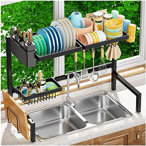 YKLSLH Over The Sink Dish Drying Rack 2 Tiers, for All Sinks (24.8"-35.4"),Expandable Large Capacity Sink Rack, Metal Drying Rack for Kitchen and Family Use