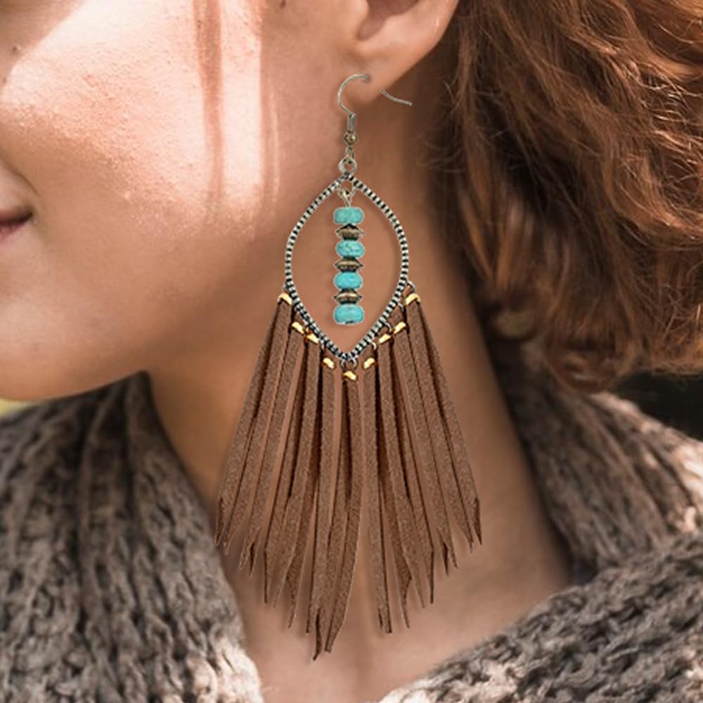 WZJLY 1 Pair of Zinc Alloy Turquoise Copper Beads Bohemian Pure Handmade Tassel Earrings (Brown)