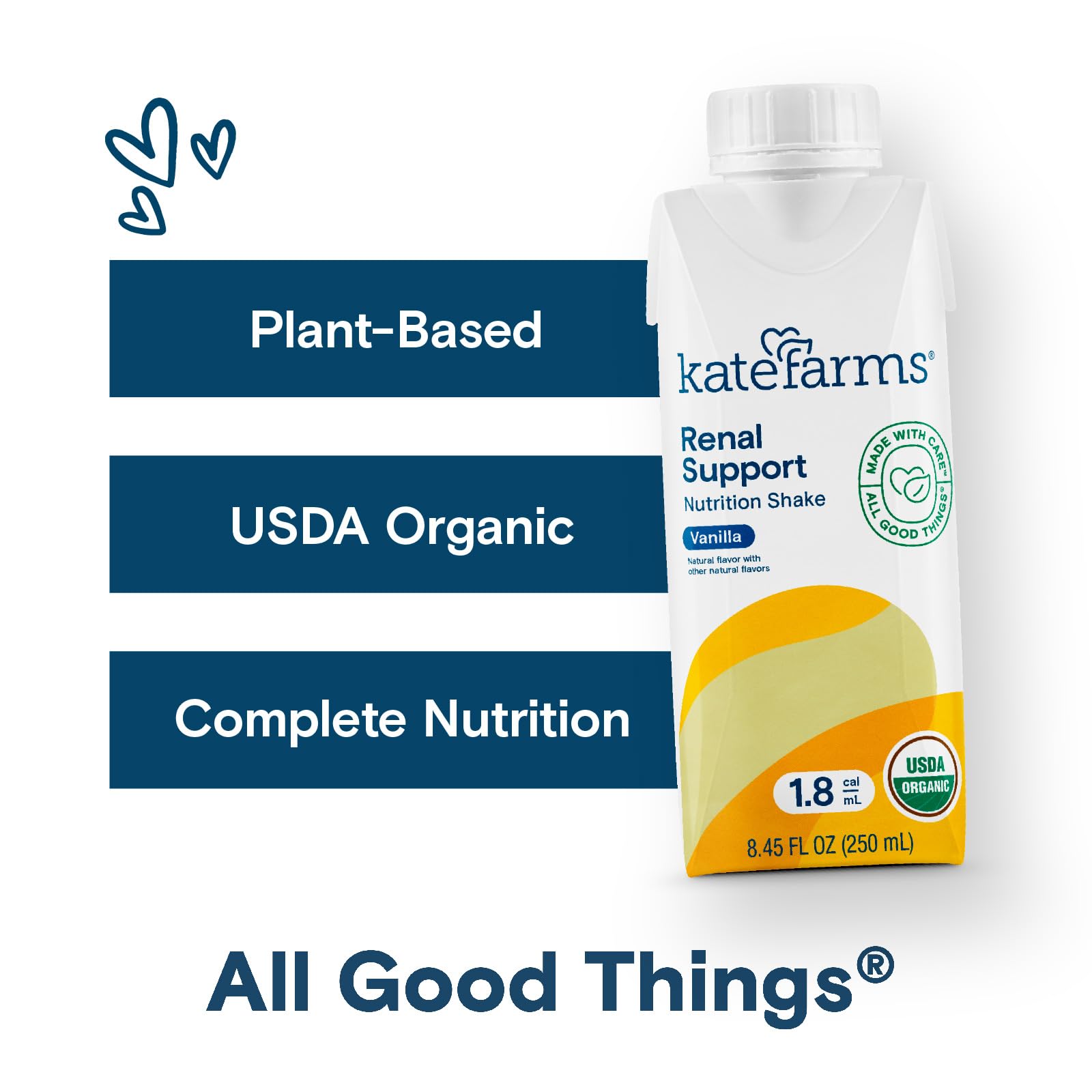 KATE FARMS Organic 1.8 Renal Support Shake, Vanilla, 20g Protein, 27 Vitamins and Minerals, Specialized Dialysis Nutrition Support, 8.45 oz (12 Pack)