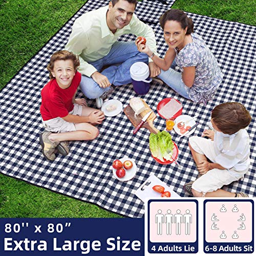 ZAZE Picnic Blankets Machine Washable, 80''x80'' Extra Large Waterproof Sandproof Foldable Compact Beach Blanket, Oversized XL Outdoor Mat for Spring Summer Camping, Park, Travel Grass(Blue and White)