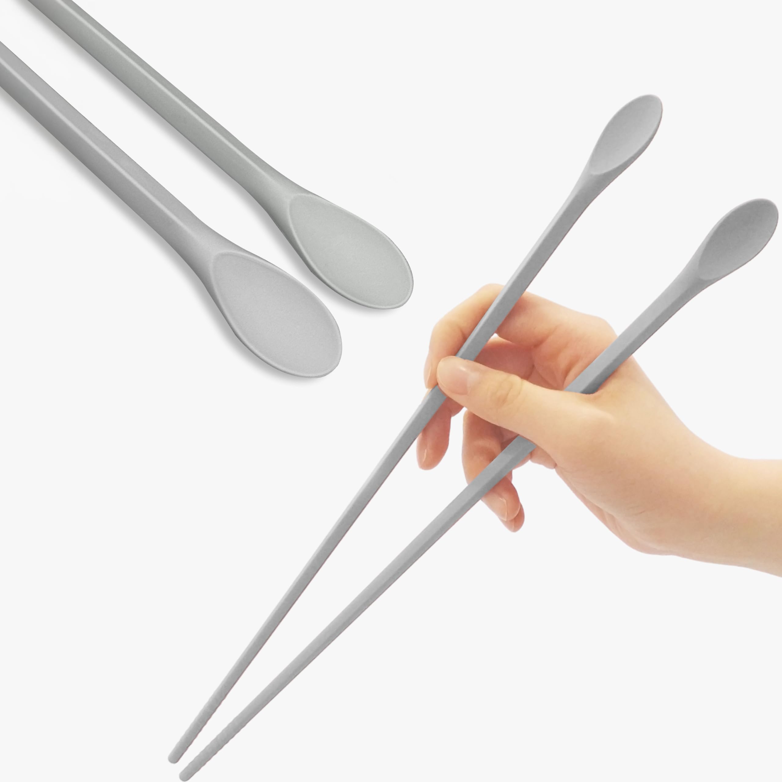 RECOHOME Reusable Long Silicone Cooking Chopsticks with Spoon 12 Inches 1 Pair, Dishwasher Safe, BPA-free Non-Slip, Non-Scratch, Korea Japanese Kitchen Utensils (Pastel Grey, 1Pair )