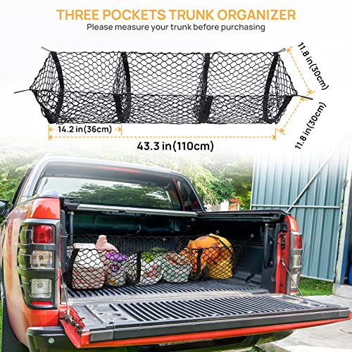 Kaskawise Cargo Net Trunk Bed Organizer,Mesh Storage Net with 4 Metal Hooks,43.3×11.8 inch Heavy Duty Cargo Net for SUV,Car,Toyota,Pickup Truck Bed,Truck Accessories Bed Grocery Holder