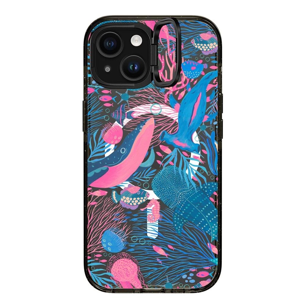 CASETiFY Impact Ring Stand Case for iPhone 15 [3X Military Grade Drop Tested / 6.6ft Drop Protection/Compatible with Magsafe] - Under The Sea - Clear Black