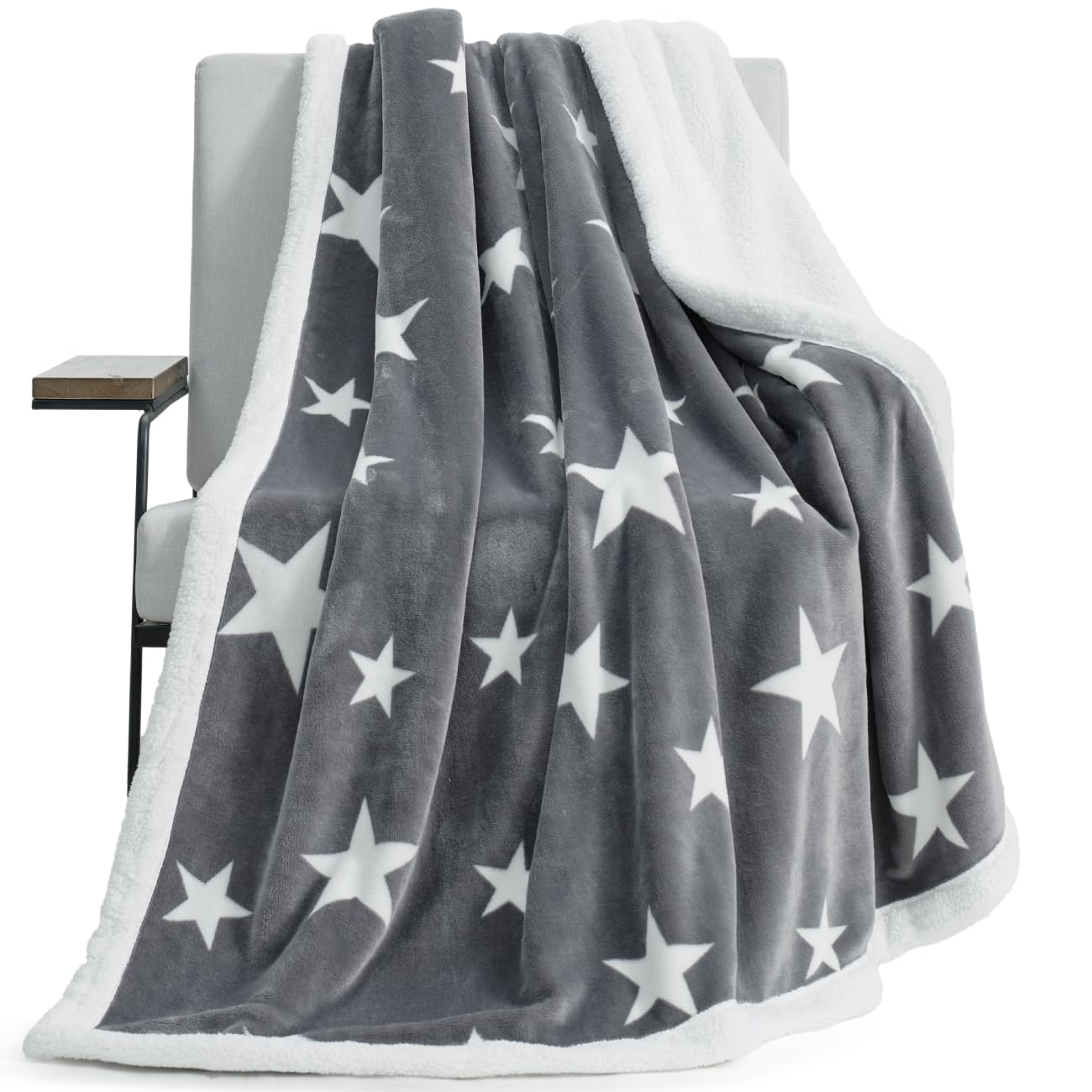 Cozy Bliss Thick Warm Sherpa Fleece Star Blanket, Double Sided Patriotic Throw Blanket Fluffy Soft Fuzzy Thick Blanket for Couch, Bed and Gifts(Light Grey, 50" x 60")