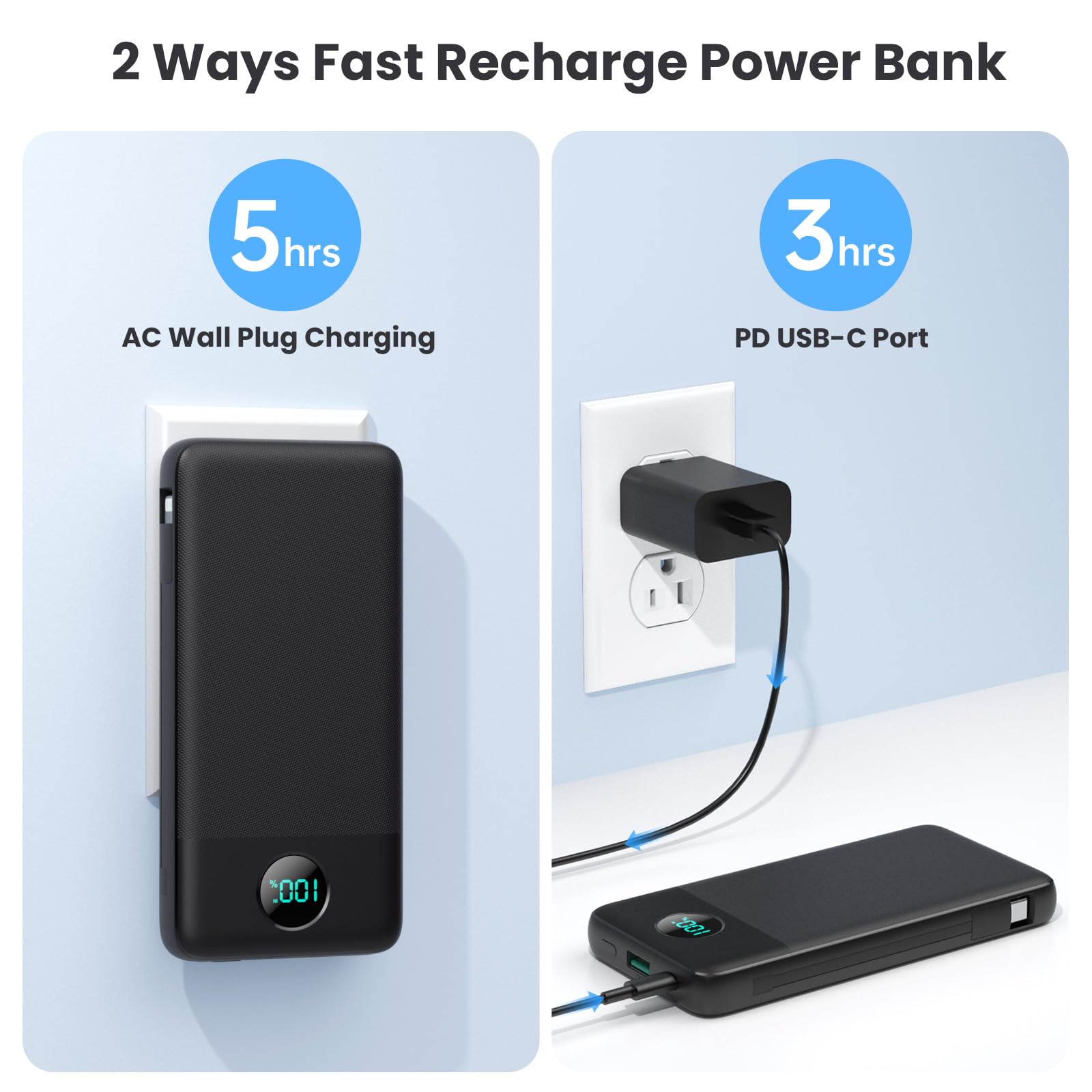 Portable Charger USB C Power Bank with 2 Built in Cables & AC Wall Plug,13800mAh Portable Battery Pack Fast Charging Compact LED Display Universal Compatible with iPhone 16/15,Galaxy S23,Tablets etc