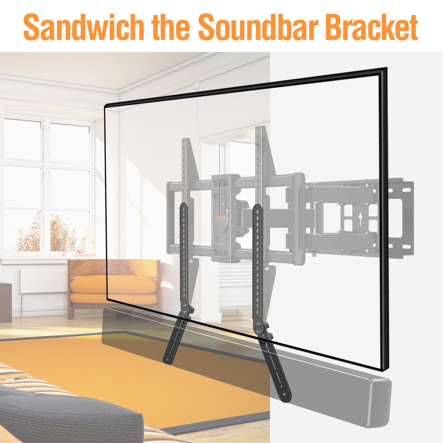 ELIVED Soundbar Mount, Sound Bar TV Bracket, for Mounting Above or Under TV, Fits Most Sound Bars Up to 15 Lbs, Tool-Free Knob Adjustable, for 23-90" TVs with Detachable Extension Arms and L-Brackets