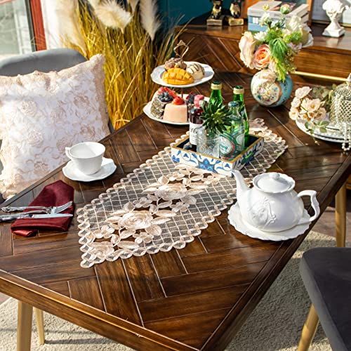 ARTABLE Lace Table Runner Macrame Vintage Flower Dresser Scarf with Exquisite Embroidery Table Runners for Kitchen Home Wedding Party Dining Decoration (14 x 70 Inch, Linen-Gold)