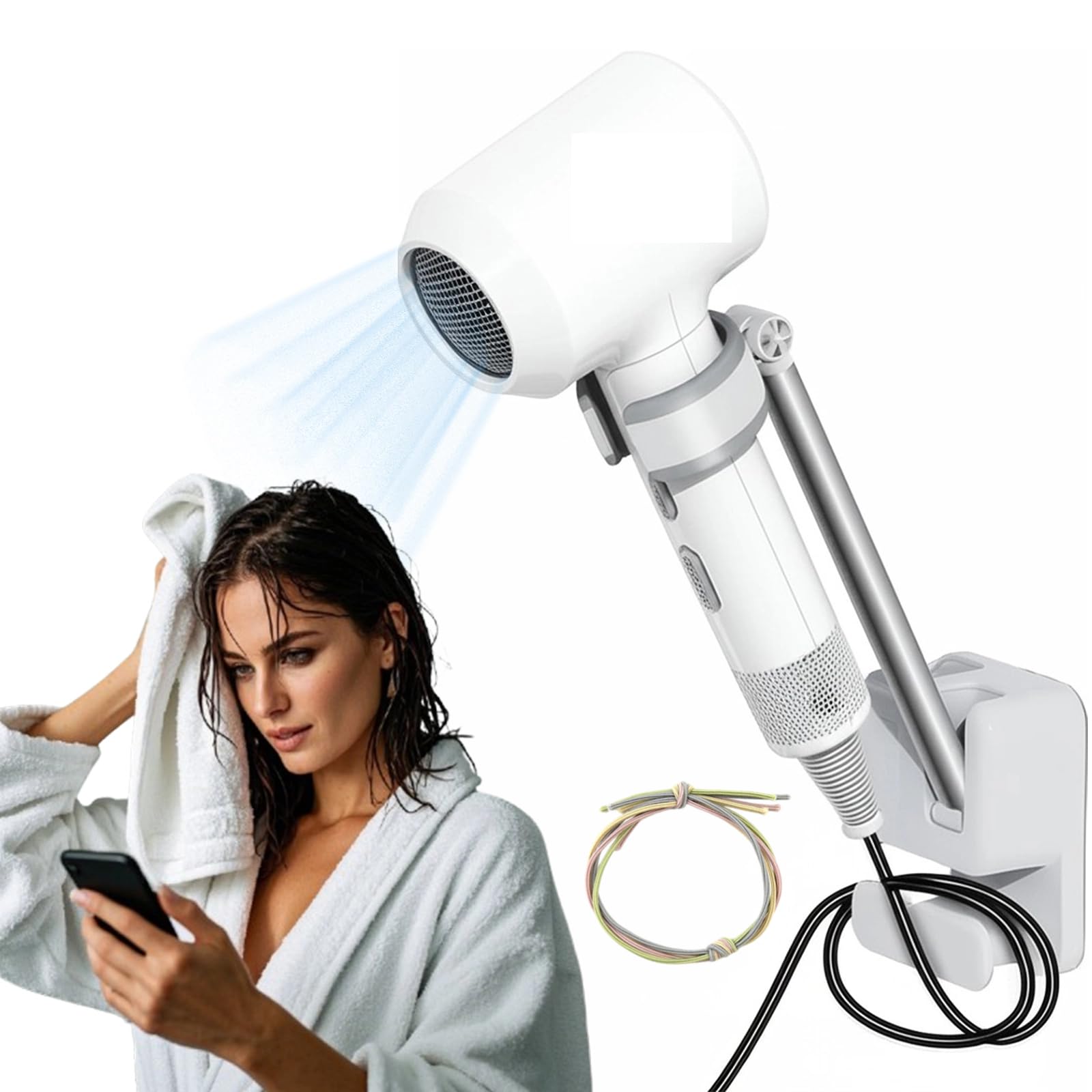 Hands Free Hair Dryer Holder Wall Mounted, No-Drill Adjustable Blow Dryer Stand with Rotating Arm & Cable Hook, Universal Bathroom Hairdryer Organizer for Vanity, Wigs, Pet Grooming, Durable Design