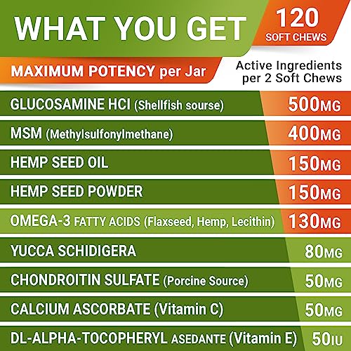 Advanced Hemp + Glucosamine Dog Joint Supplement - Hip Joint Pain Relief - Mobility Hemp Chews for Dogs - Chondroitin, MSM, Omega - Hemp Oil Treats - Made in USA - Lamb Flavor - 120 Hemp Treats
