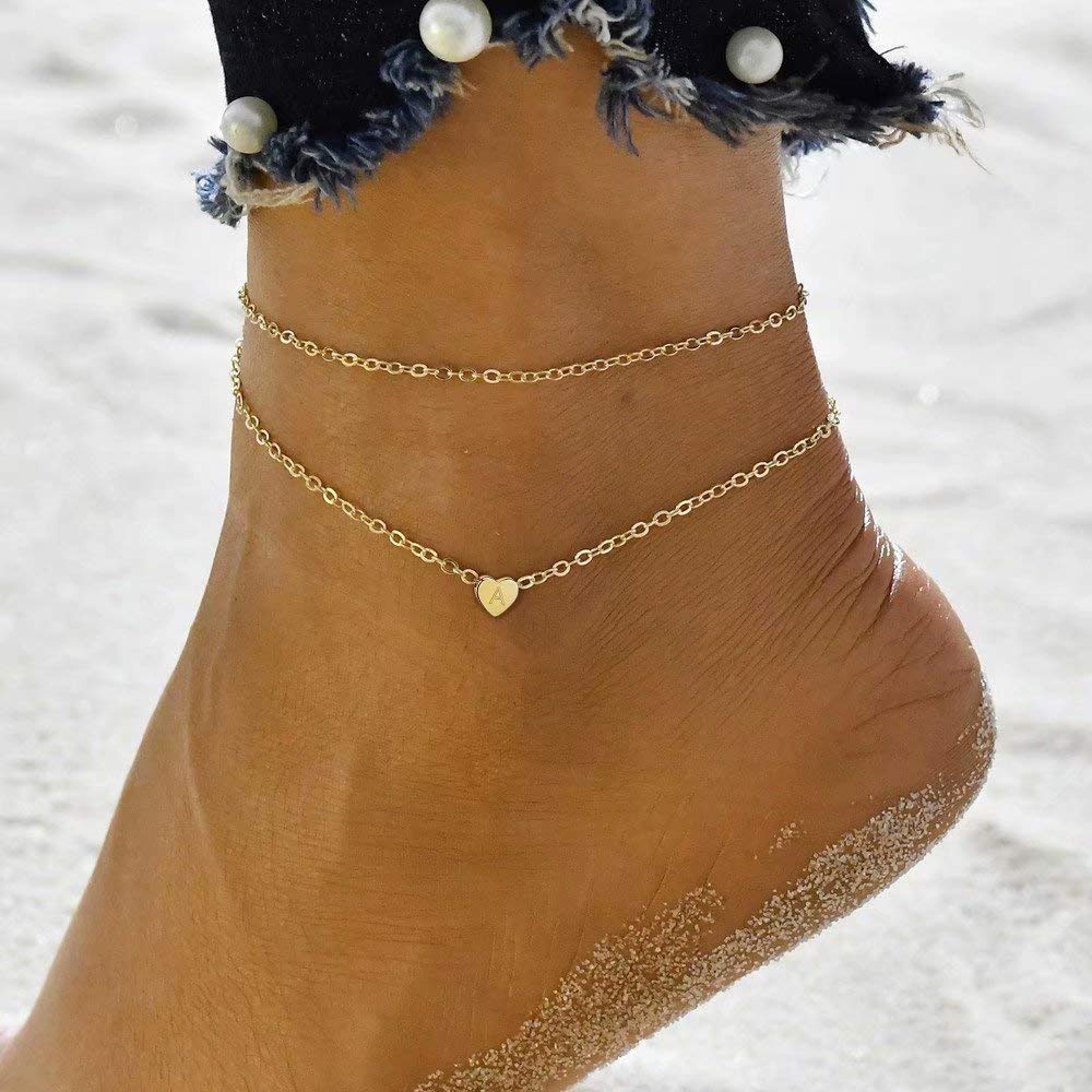 Turandoss Ankle Bracelets for Women with Initial, 14K Gold Filled Handmade Dainty Layered Anklet Letter Initial Heart Ankle Bracelets for Women Beach Jewelry Gifts Anklet with Initials I