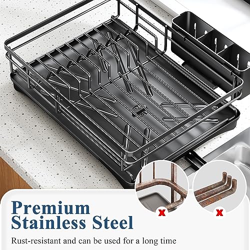 Dish Drying Rack for Kitchen Counter - Large Dish Rack with Drainboard, Rustproof Dish Drainer with Utensil Holder for Sink, Black