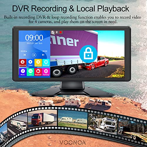 4K RV Backup Camera System 10.36" Quad Split Touch Screen Monitor with 4 1080P Rear Side View Camera, DVR Recording Bluetooth MP3 MP5 IP69 Waterproof Night Vision for RV Truck Trailer Tractor