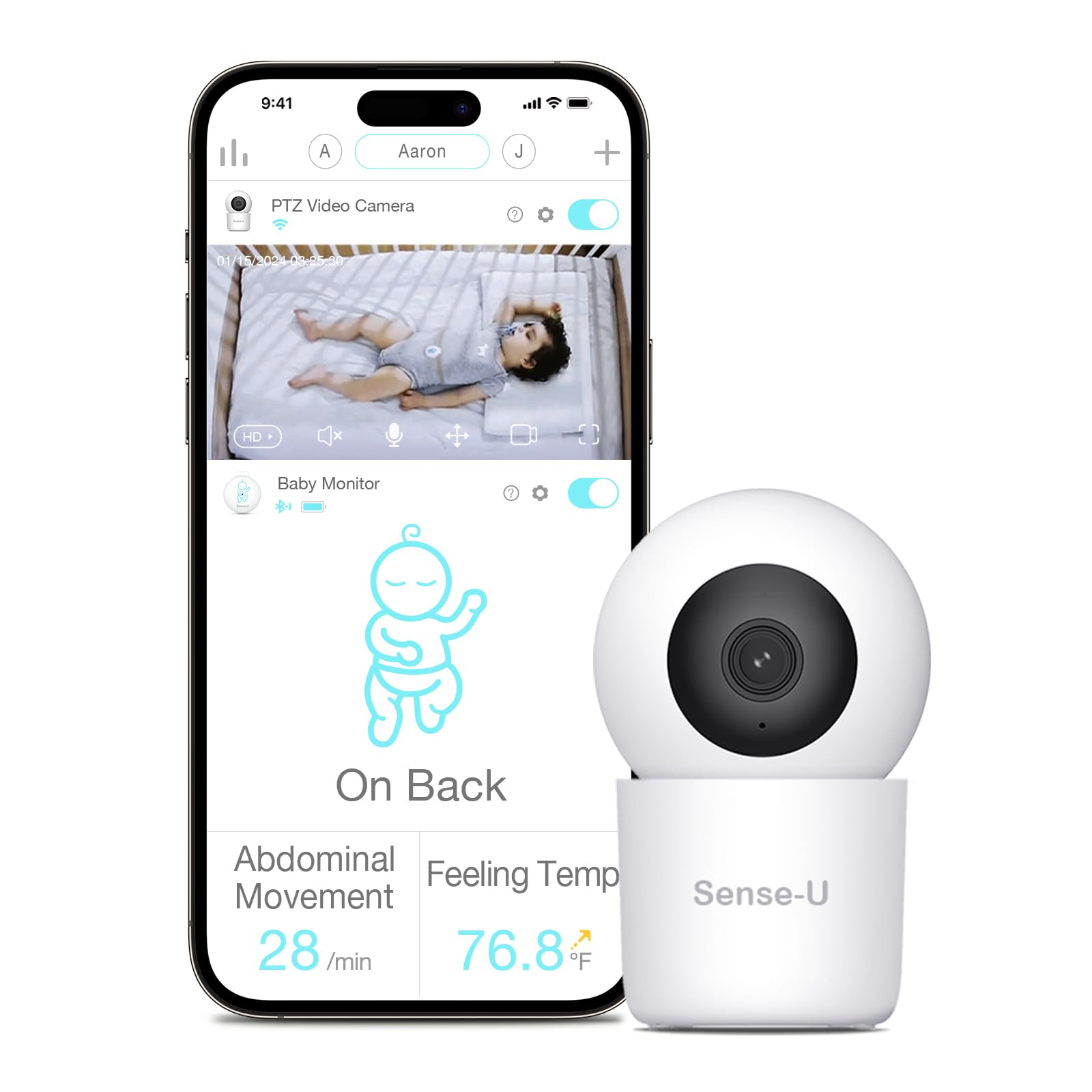 Sense-U Smart 2K Video Baby Monitor, Pan/Tilt, Person/Baby Crying/Motion Detection, 2-Way Talk, Night Vision, Background Audio, No Monthly Fee (Compatible with Smart Baby Monitor)