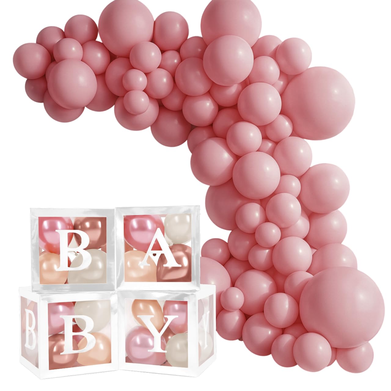 Balloon Garland Arch Kit – 146 Pcs Dusty Pink Balloons & Baby Shower Boxes with Letters – White Boxes with Rose Gold, Dusty Pink, Sand & White Balloons