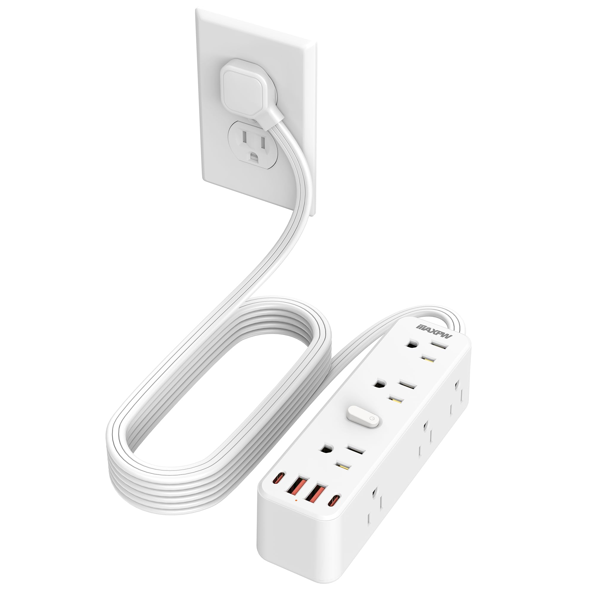 6 FT Flat Plug Extension Cord Surge Protector, Power Strip with 9 Outlets Extender and 4 USB Ports (2 USB-C), 2100 Joules, Wall Mount, Desk Charging Station for Home, Office, Travel, White