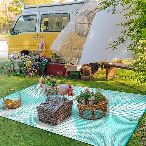 GENIMO Outdoor Rug 4' x 6' Waterproof for Patios Clearance, Reversible Outdoor Plastic Straw Camping Rug Carpet, Large Area Rugs Mats for RV, Camper, Deck, Balcony, Porch, Beach, Navy Blue&White