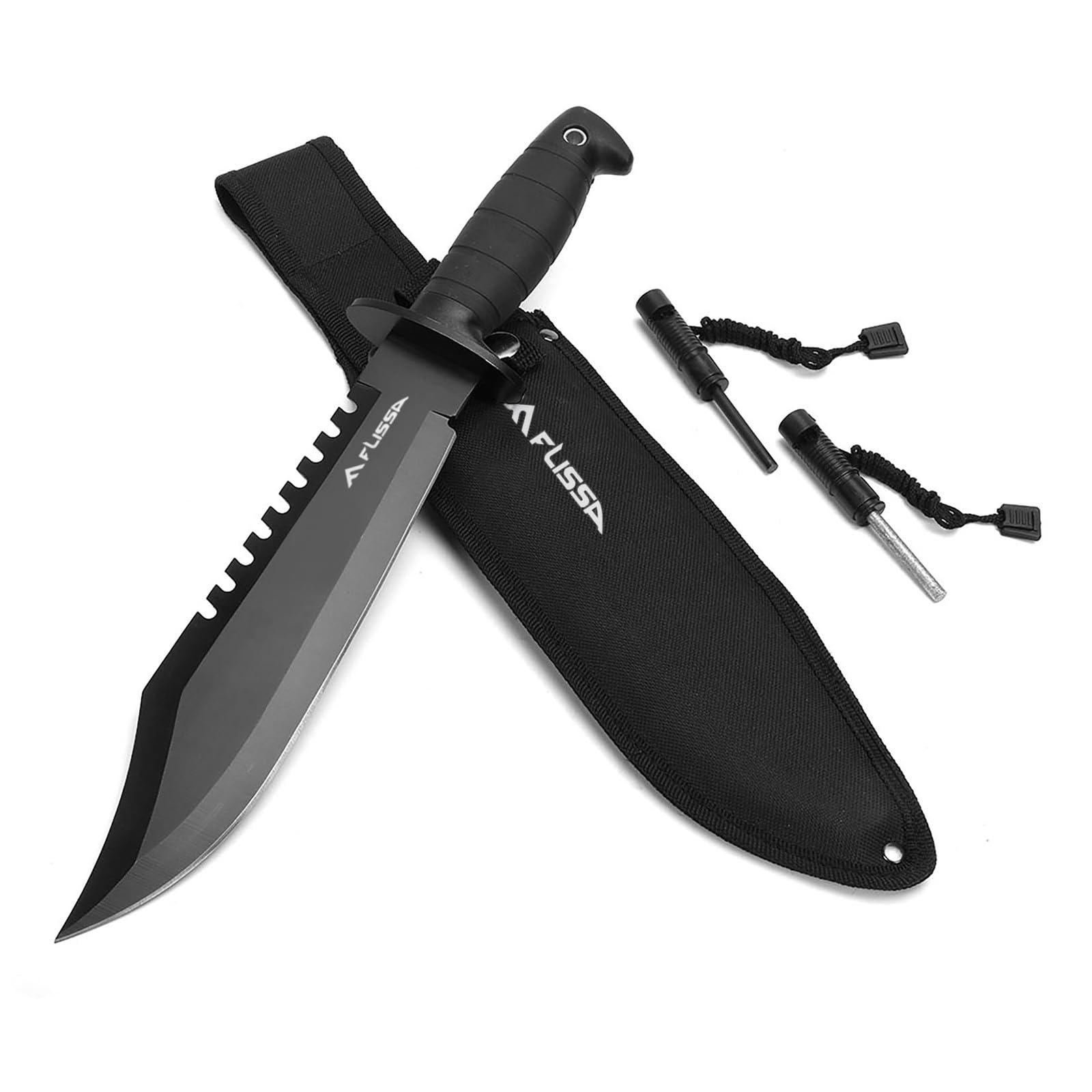 FLISSA Survival Hunting Knife with Sheath, 15-inch Full Tang Fixed Blade Tactical Bowie Knife with Sharpener & Fire Starter for Camping, Outdoor, Bushcraft