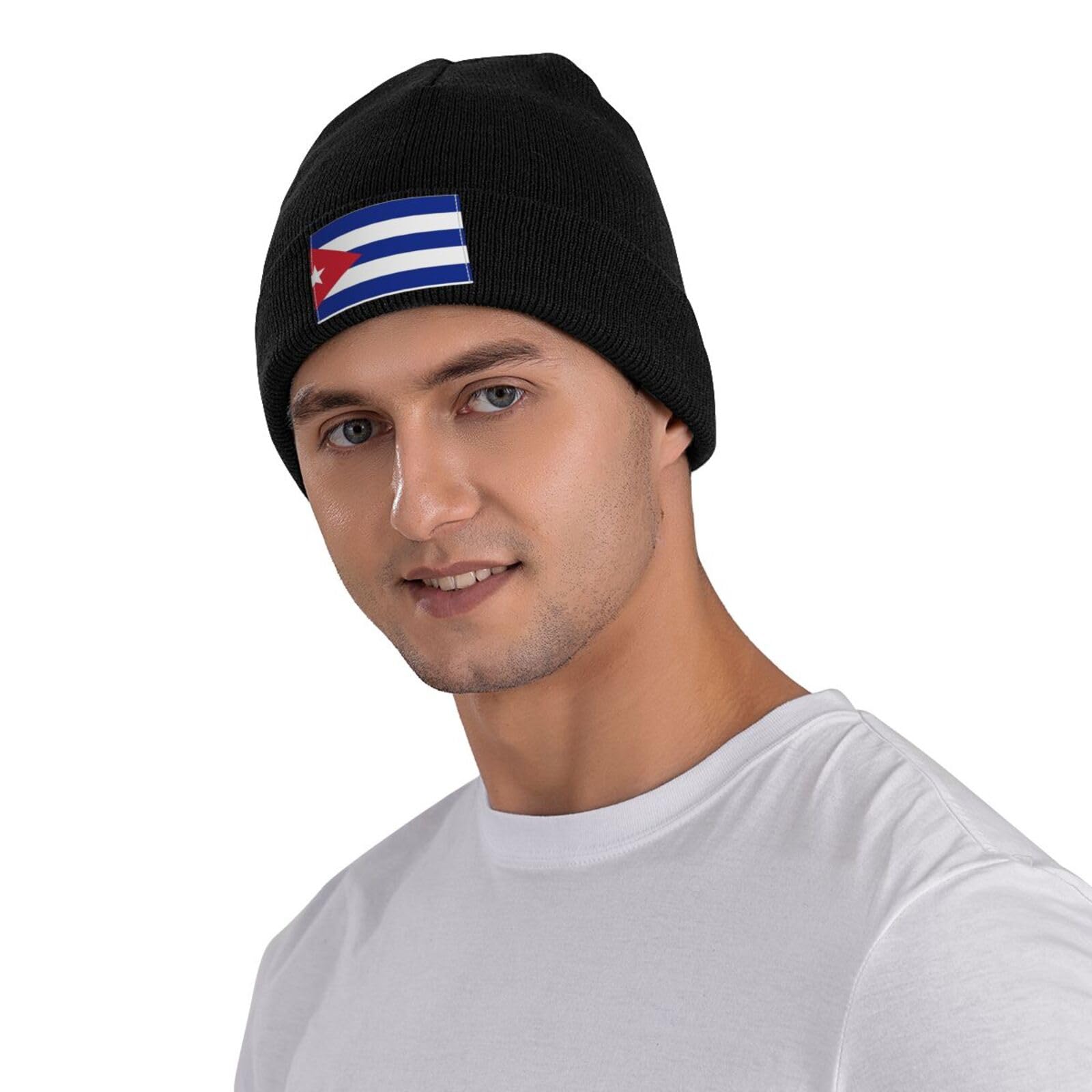 Cute Cuba Flag Knit Hat Soft Classic Stretchy Ski Beanie Cap Winter Cuban Warm Hats for Women Men Black
