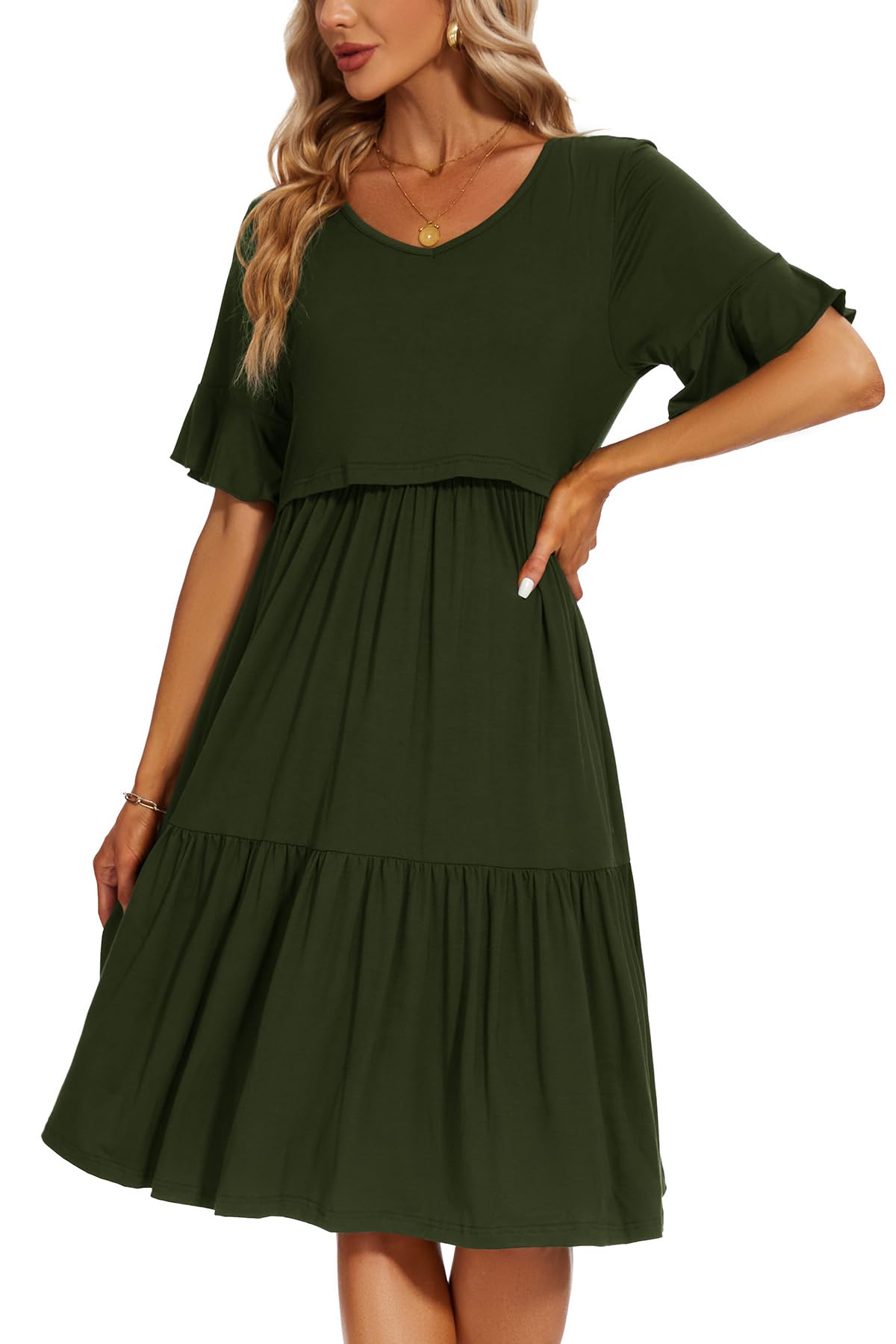 Smallshow Women's Maternity Nursing Dress Ruffle Short Sleeve Breastfeeding Clothes Medium Army Green