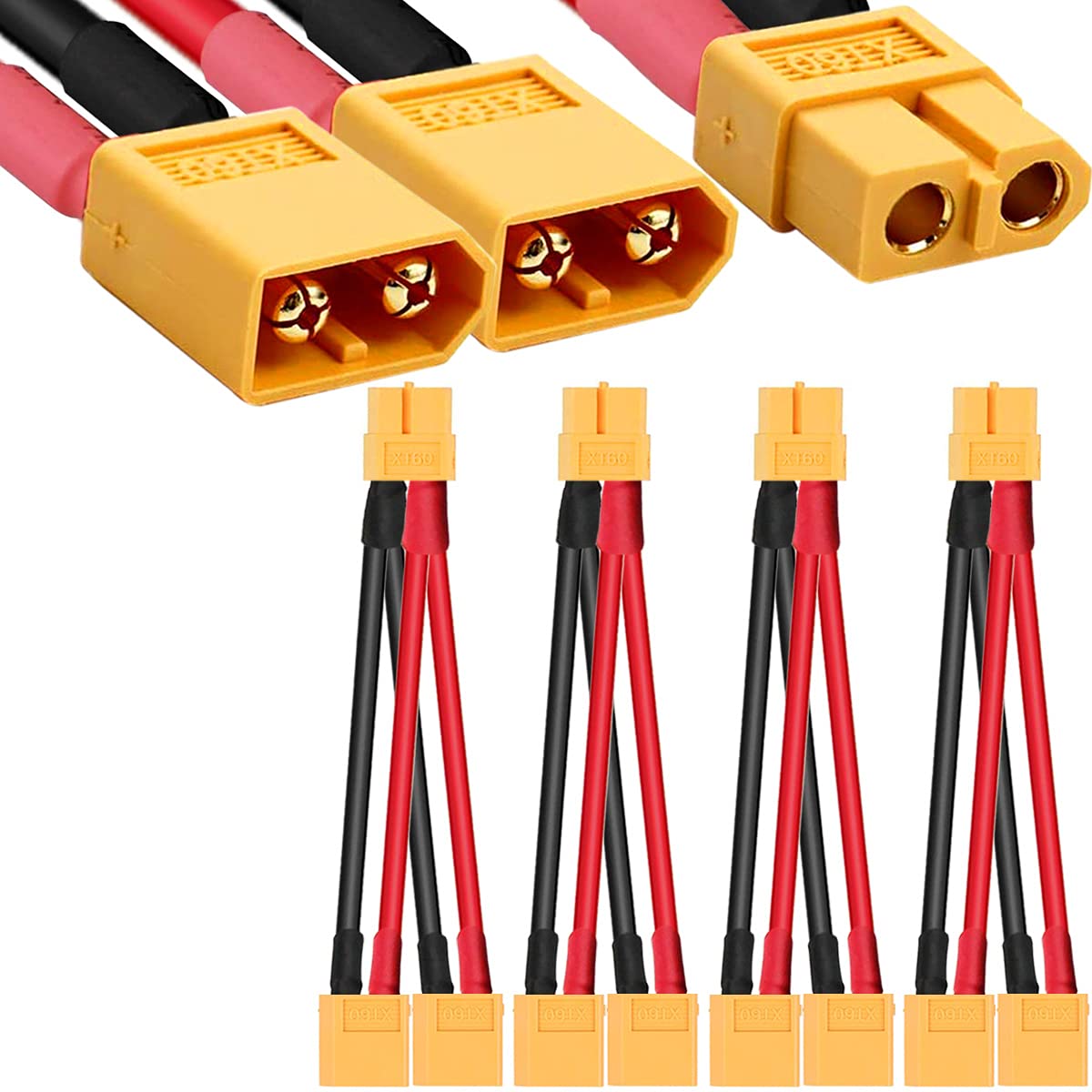 DKARDU 4 PCS XT60 Parallel Battery Connector Cable, 2 Male to 1 Female Plug Extension Y Splitter Cable for RC Multicopter Quadcopter