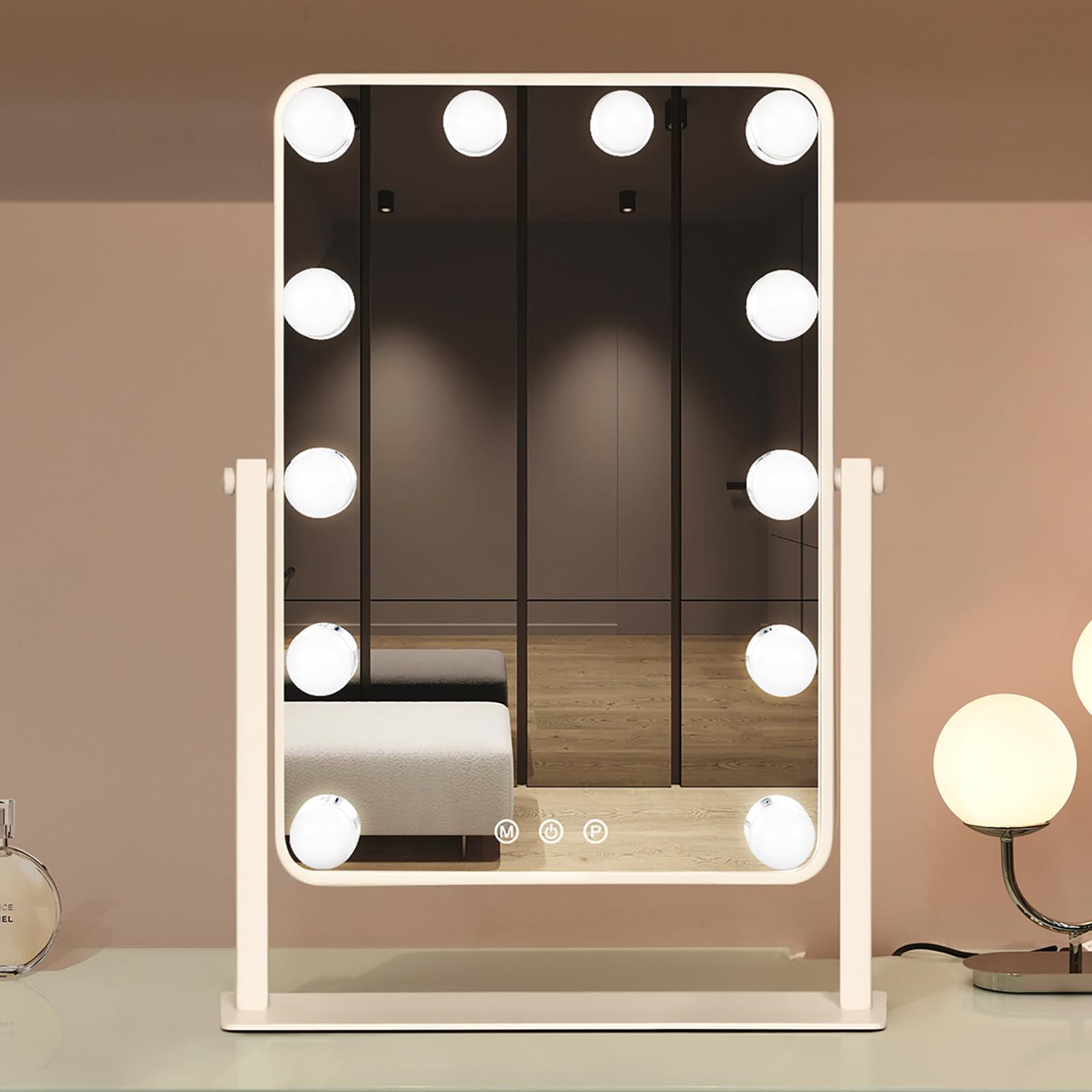 Leadzones Makeup Vanity Mirror with Lights,17.5"×13.7" Tabletop Led Hollywood Mirror with 12 Dimmable Bulbs,Smart Touch Control 3 Colors Light 10X Magnification 360°Rotation