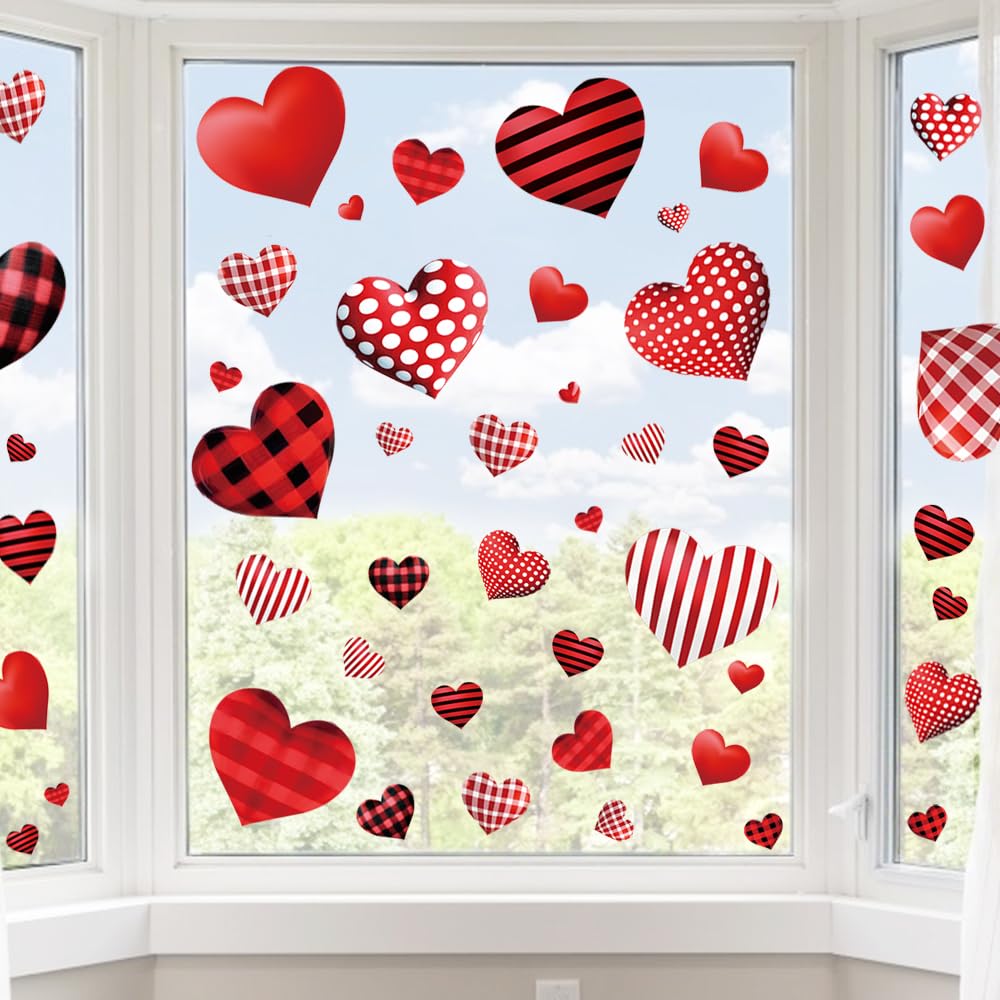 Valentines Day Decorations Window Clings, Resuable Red & Pink Heart Shaped Static Window Stickers for Valentines Day Decor - Valentines Day Decorations for The Home, Bathroom Window