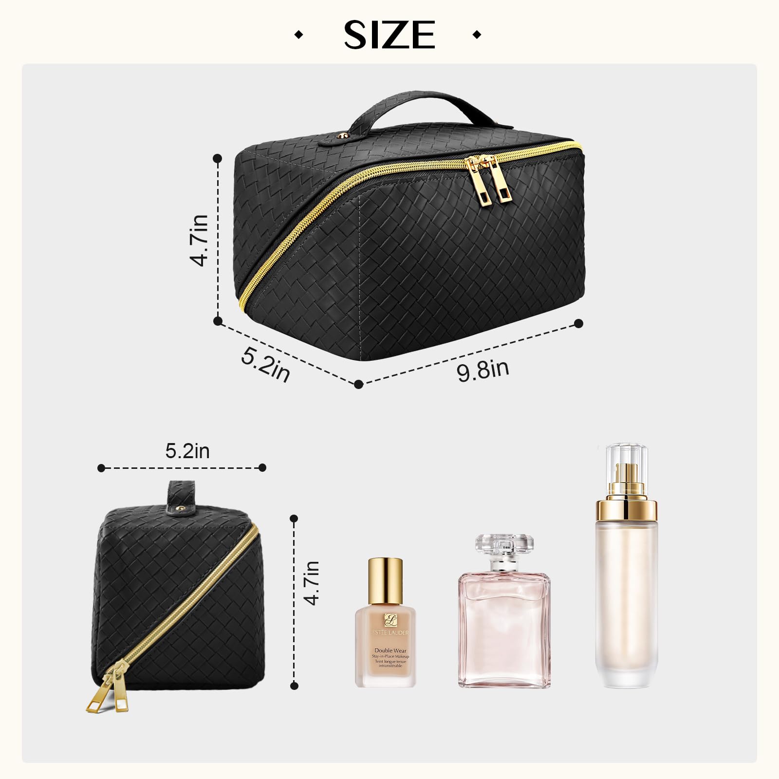 AURUZA Large Capacity Makeup Bag, Travel Cosmetic Bag With Handle and Divider Flat Lay Organizer Portable Toiletry Bag,Makeup Storage Brush for Women (Black)