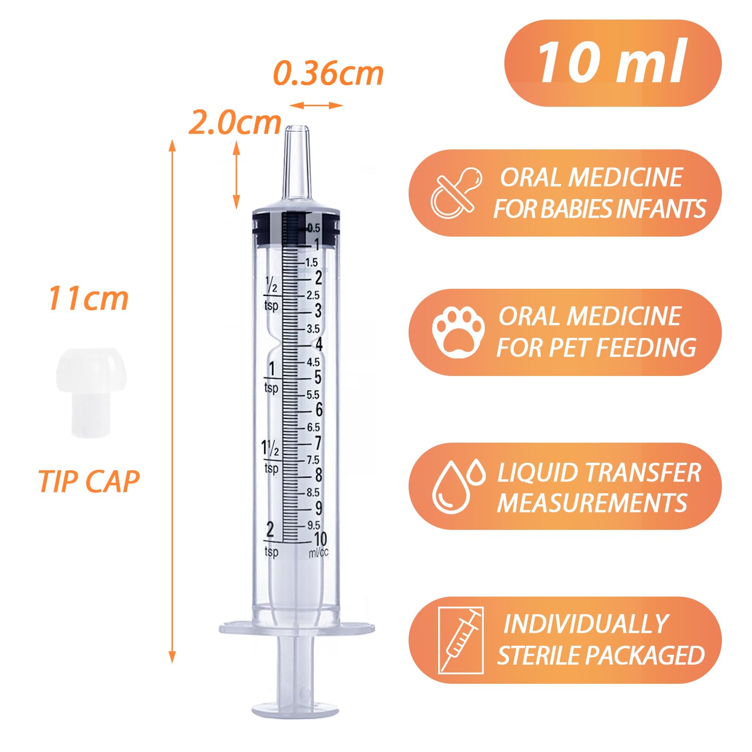 10mL Syringe for Liquid, Food, Oral, Scientific Labs, Measurement, Dispensing, Press-In Adapter, Craft, Big Tip with Cap- 3 Pack 10ml Syringes with tsp & mL Measurement