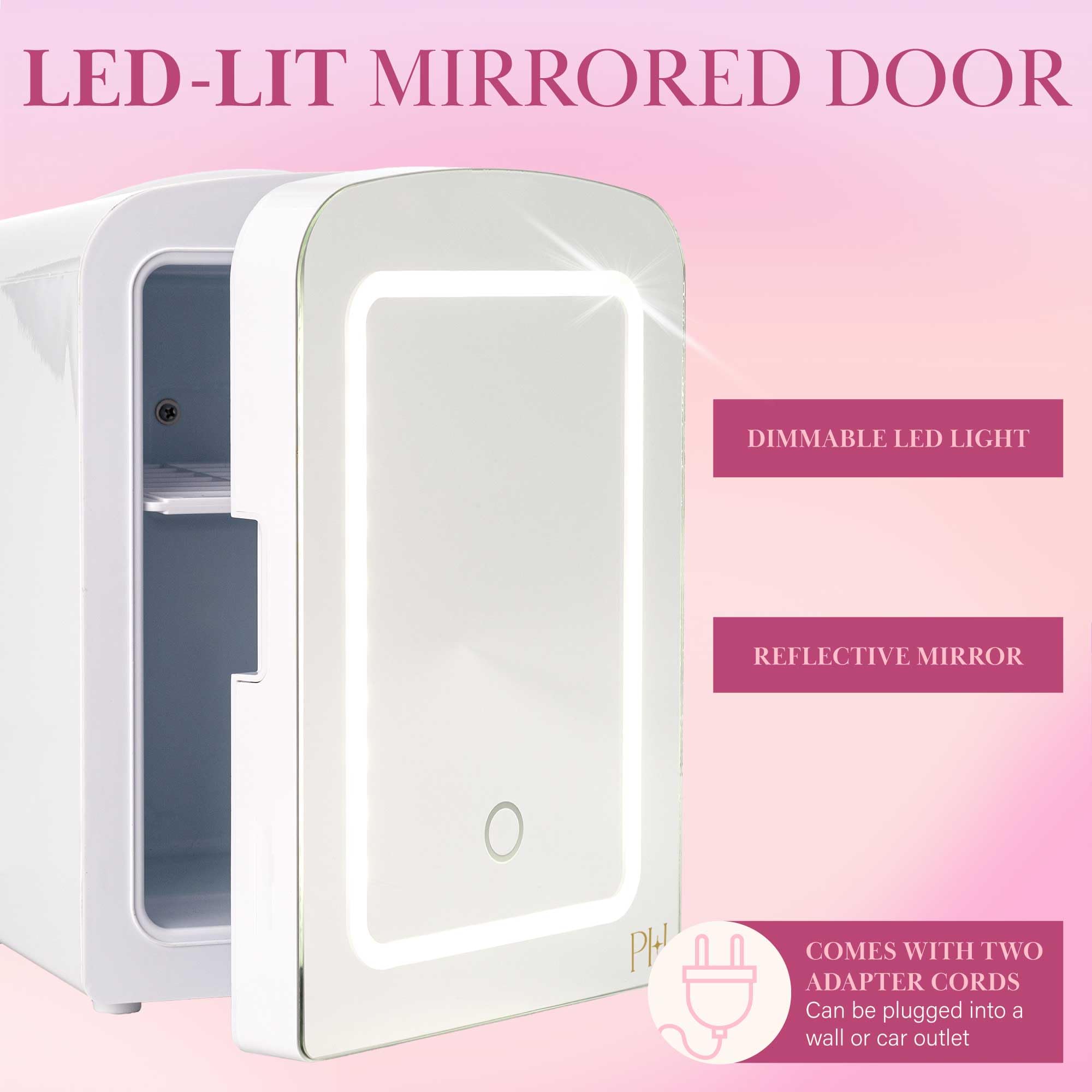 Paris Hilton Mini Refrigerator and Personal Beauty Fridge, Mirrored Door with Dimmable LED Light, Thermoelectric Cooling and Warming Function for All Cosmetics and Skincare Needs, 4-Liter, White