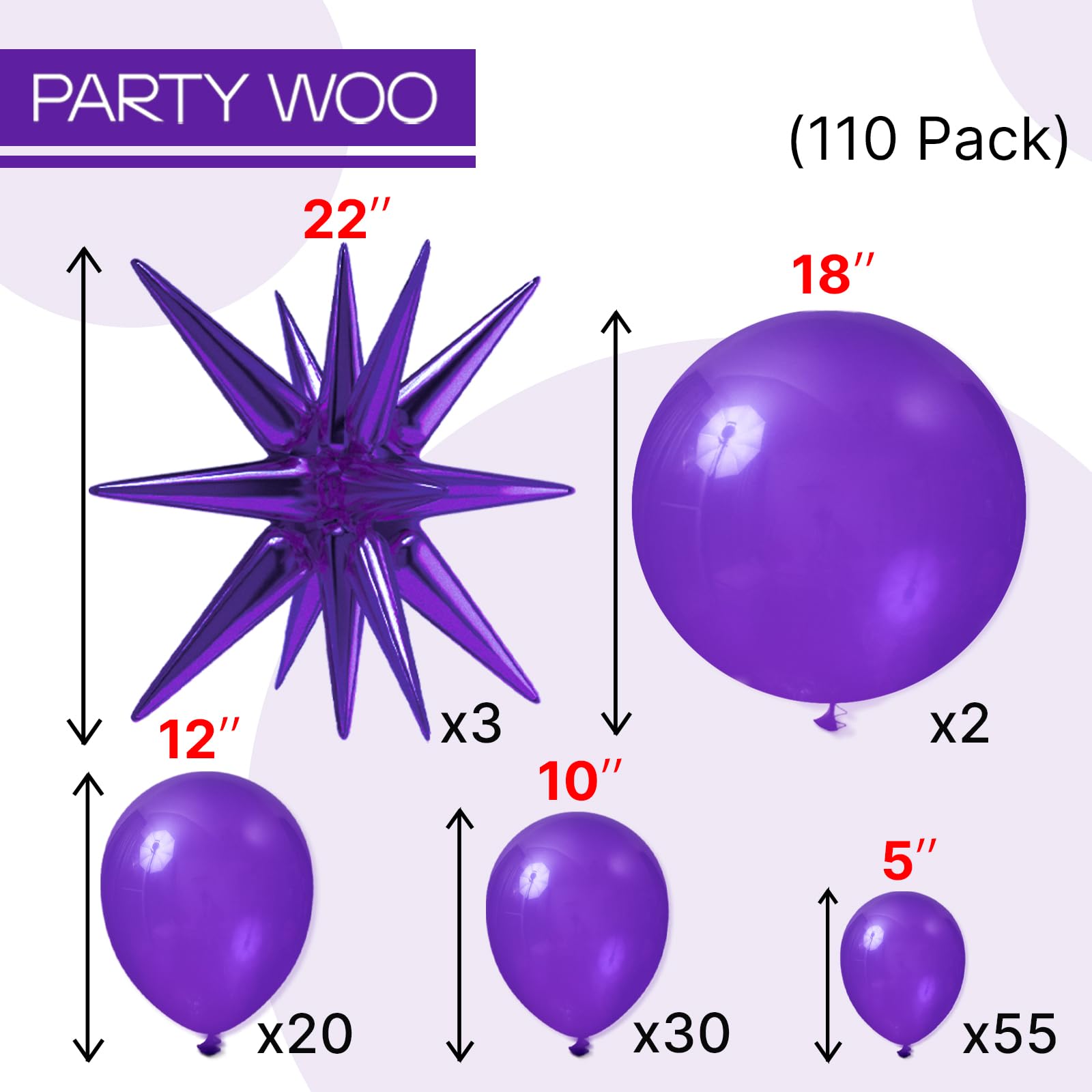 PartyWoo Dark Purple Balloons 110pcs Different Sizes 18 12 10 5 Inch Pack 22 Inch Purple Starburst Spike Star Explosion Foil Mylar Balloon Arch Kit for Birthday Wedding Party Decorations Purple-Y16