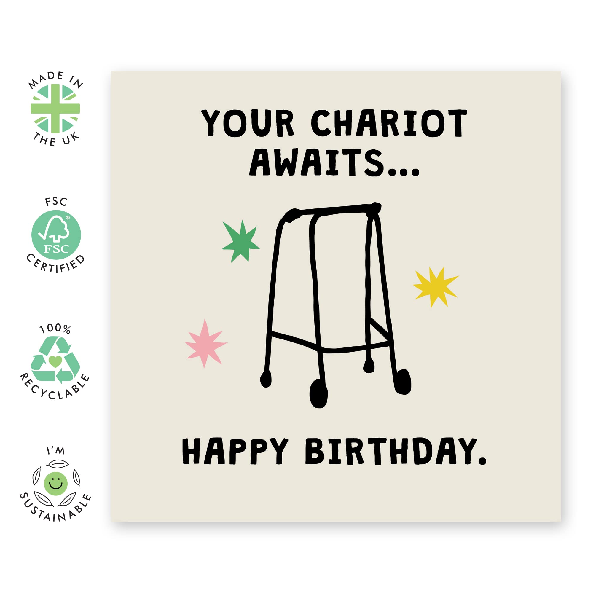 CENTRAL 23 Your Chariot Awaits' (Zimmer Frame) - Funny Birthday Card for Mom or Dad - 50th 60th 70th 80th - Age Joke - Happy Birthday Grandad Nanny - Older Brother - Sister