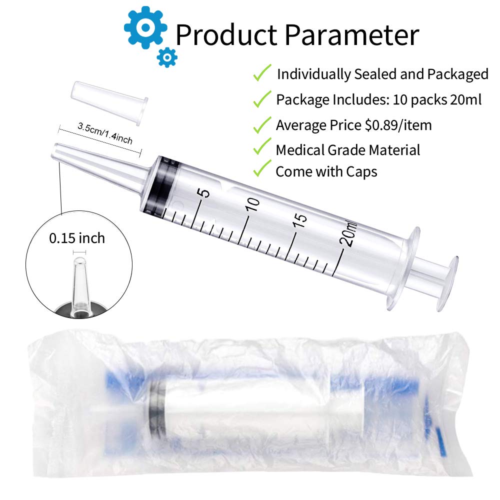 4 Pack 20mL Syringe for Liquid with Tip Cap, Individually Sterile Sealed Large Plastic Liquid Syringes with Measurement for Oral, Labs, Measuring, Feed Pets, Medical Student, Oil or Glue Applicator