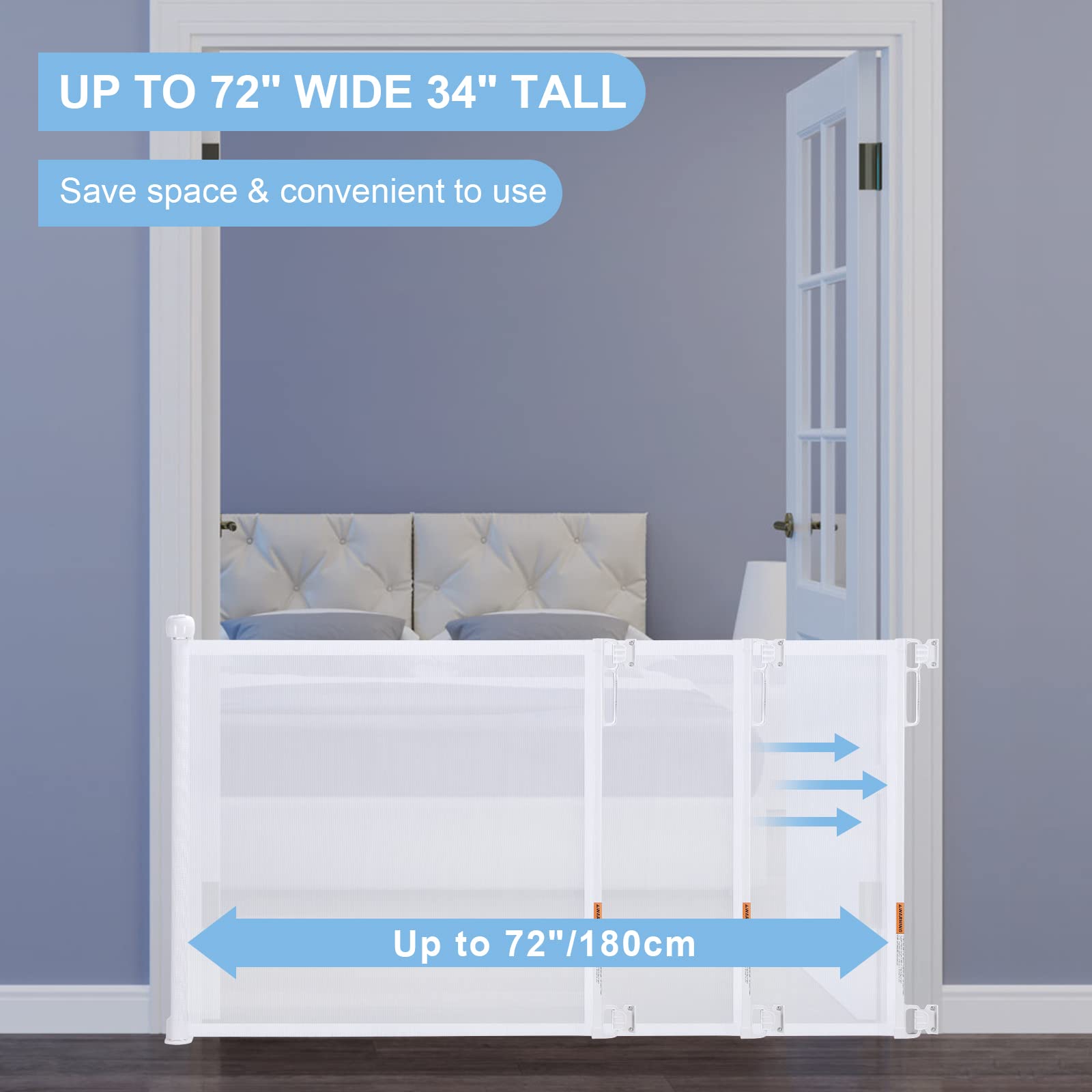 Retractable Baby Gate for Stairs, PRObebi Retractable Dog Gate 34" Tall Extends to 72" Wide, Retractable Safety Gate for Indoor/Outdoor/Stairs/Doorways/Deck/Banisters