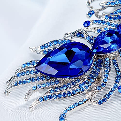 EVER FAITH Women's Austrian Crystal 4 Inch Peacock Plume Teardrop Brooch Blue Silver-Tone