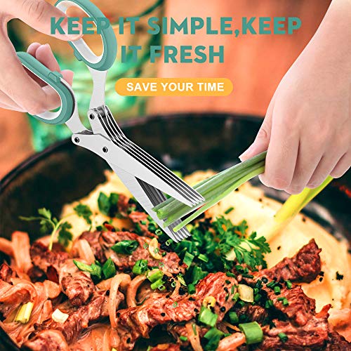 Updated 2025 Herb Scissors Set - Cool Kitchen Gadgets for Cutting Fresh Garden Herbs - Herb Cutter Shears with 5 Blades and Cover, Sharp and Anti-rust Stainless Steel, Dishwasher Safe (Blue-White)