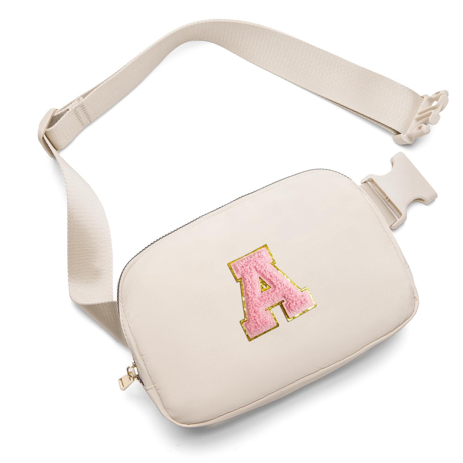 Gitus Belt Bag Fanny Pack Crossbody Bags with Initial Letter Patch Cute Stuff Birthday Gifts for Teenager Girls Cool Stuff for Teens Trendy Preppy Stuff for Teen Girls (Beige-A)