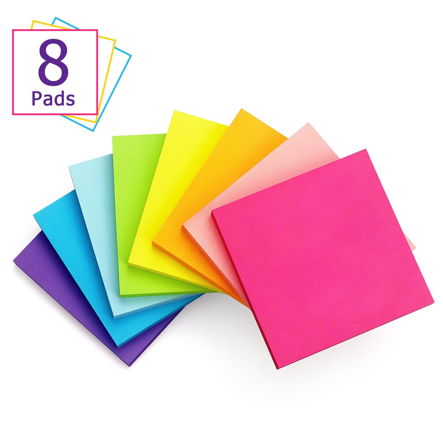 Eastern Wolf 8 Pads Sticky Notes 3x3 Self-Stick Notes 8 Bright Multi Colors Purple Sticky Notes, 85 Sheet/Pad