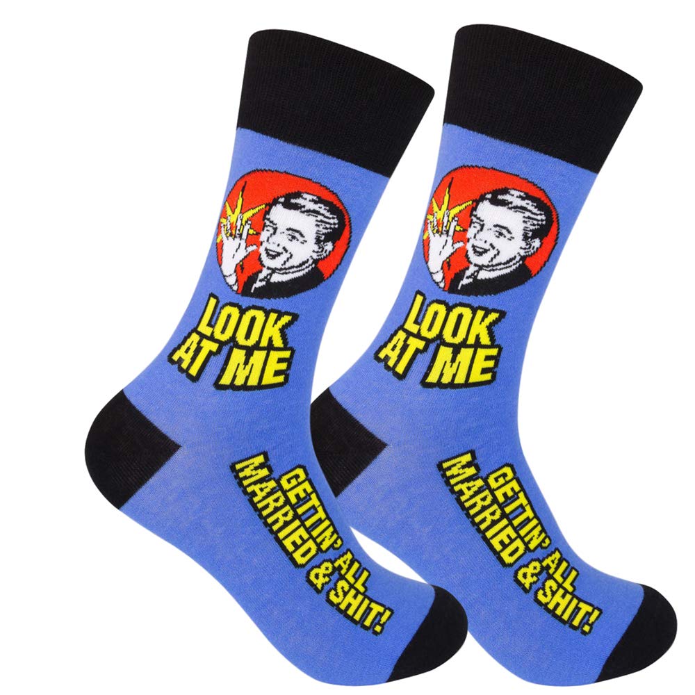 FUNATIC Look At Me Gettin All Married & Shit Novelty Crew Socks For Men Women | Funny Wedding Day Gift Idea Dress Apparel | Best Groom Bride Husband Wife To Be Marriage Clothing Present With Saying