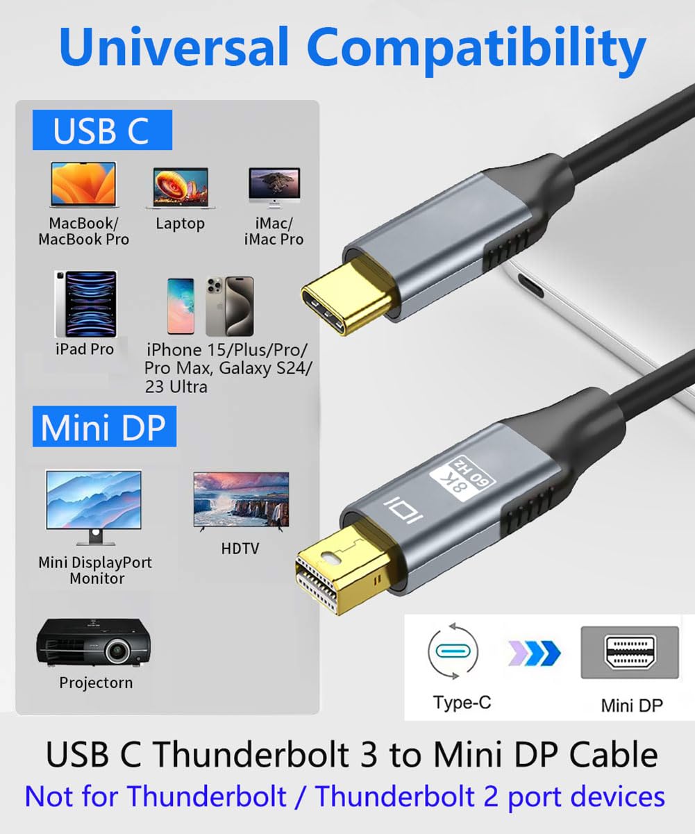 AieSHOP New 8k USB C to Mini DP Cable, USB C Thunderbolt 3 to Mini DisplayPort Cable 6FT, Compatible for iPhone 15 16 Series, Surface Book 2, Galaxy S23 S21/9/10/20