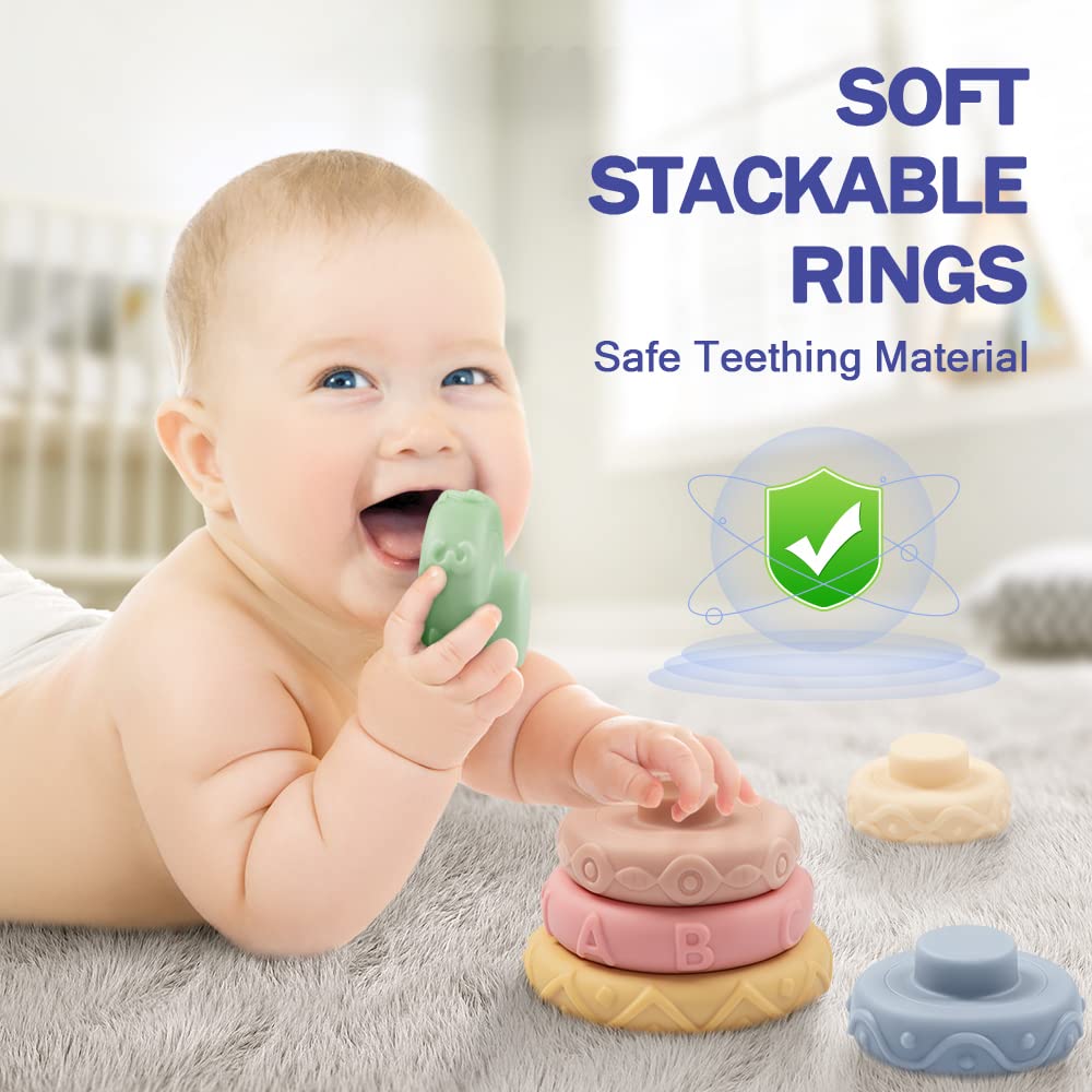 Jyusmile Baby Toys 6-12 Months, Montessori Toys for Babies 6-12 Months, Incl Stacking Building Blocks & Soft Infant Teething Toys & Sensory Balls for Toddlers 0-3-6-9-12 Months