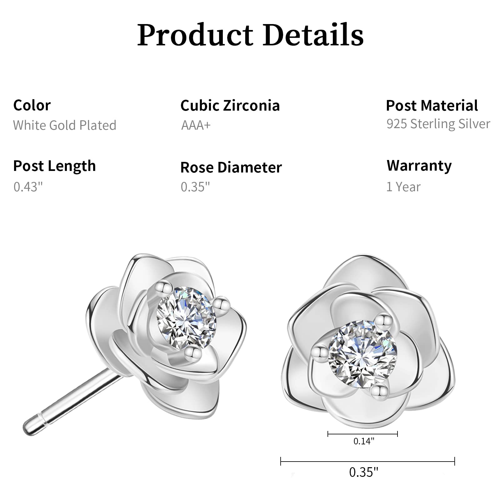 White Gold Plated Rose Flower Stud Earrings for Women Gift