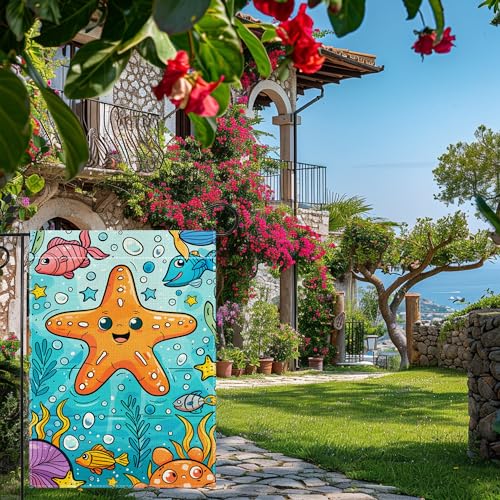 Summer Garden Flag, Starfish Garden Flag, Yard Home Decor Welcome Garden Flag, 12x18 Inch Double Sided Burlap, Outdoor Lawn Flag