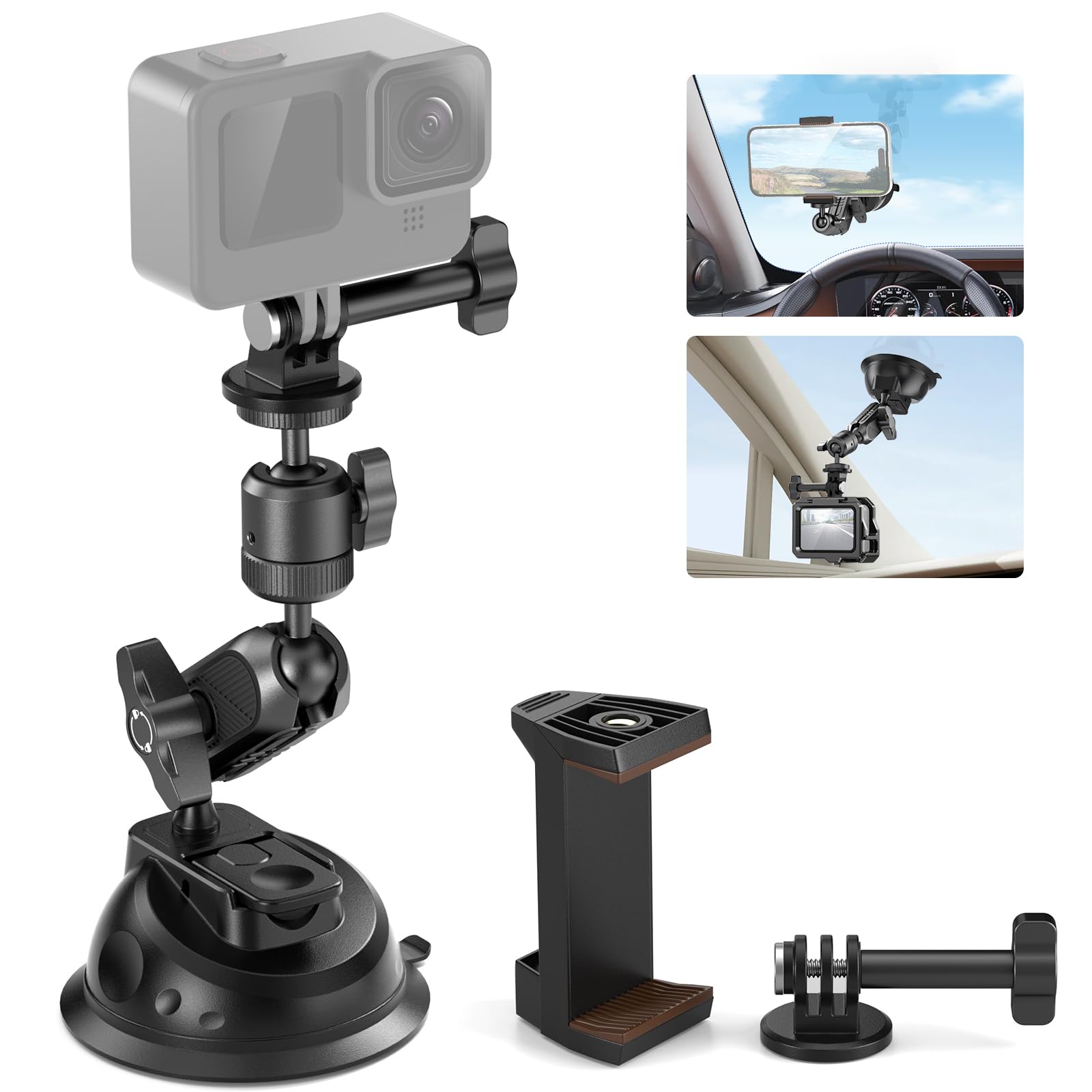 NEEWER Suction Cup Mount for iPhone GoPro Action Camera with Magic Arm & 360° Pan 90° Tilt Ball Head, Quick Buckle Lock Outside Windshield Car Mount with Phone Holder Camera Mount Adapter, CA029