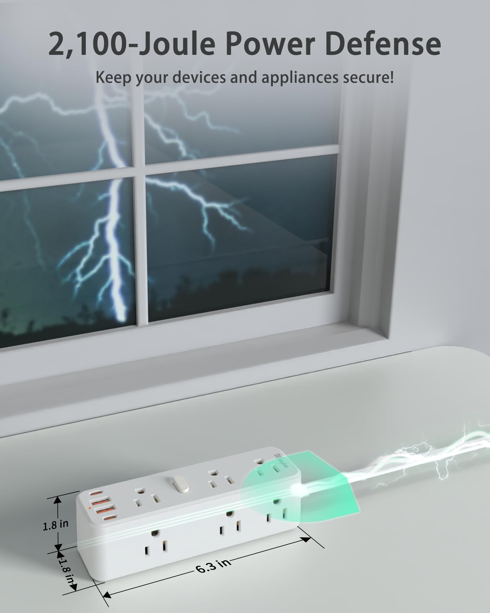 6 FT Flat Plug Extension Cord Surge Protector, Power Strip with 9 Outlets Extender and 4 USB Ports (2 USB-C), 2100 Joules, Wall Mount, Desk Charging Station for Home, Office, Travel, White