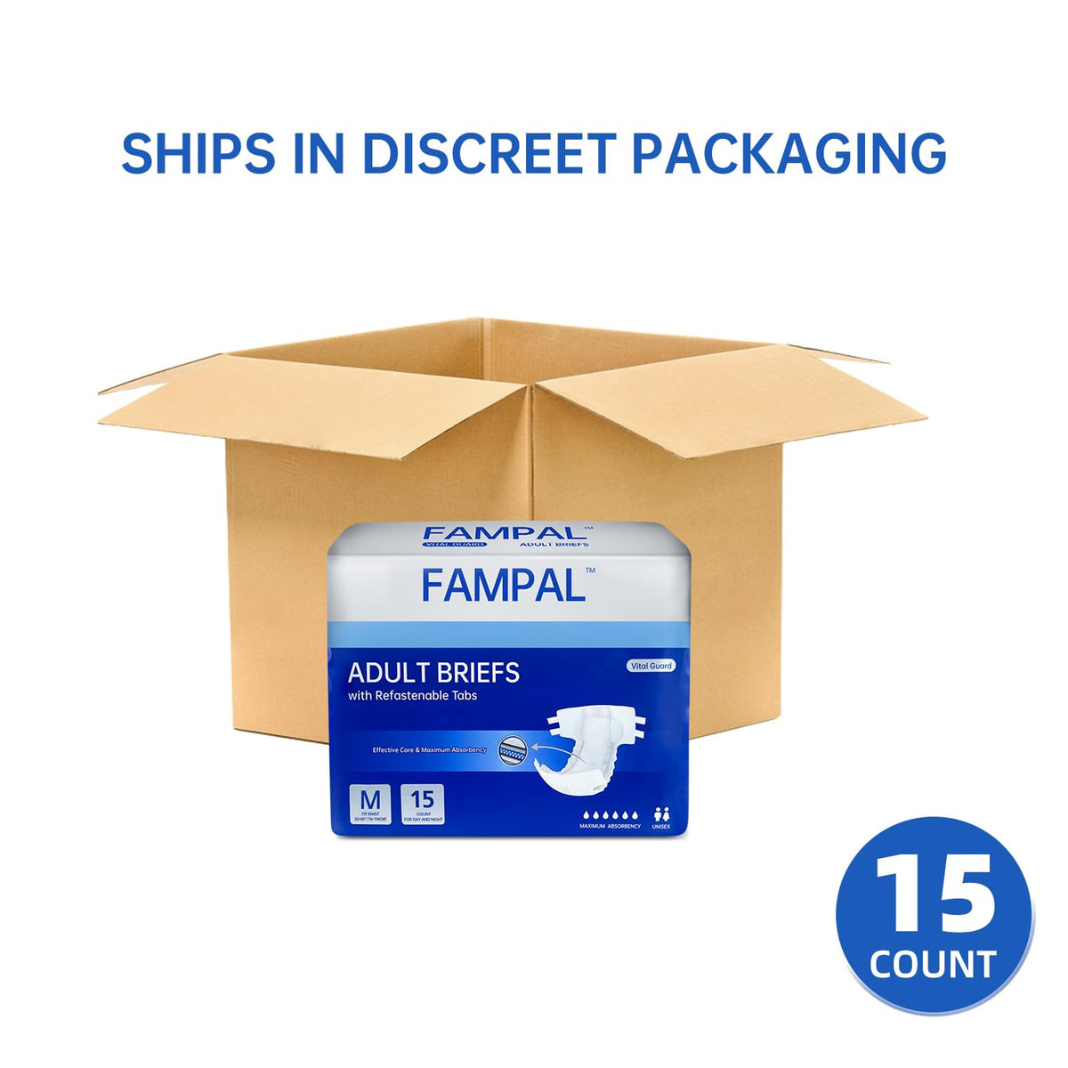 FAMPAL Vital Guard Adult Diapers, Disposable Incontinence Briefs with Tabs for Men and Women, Maximum Absorbency, Odor Control, Medium, 15 Count